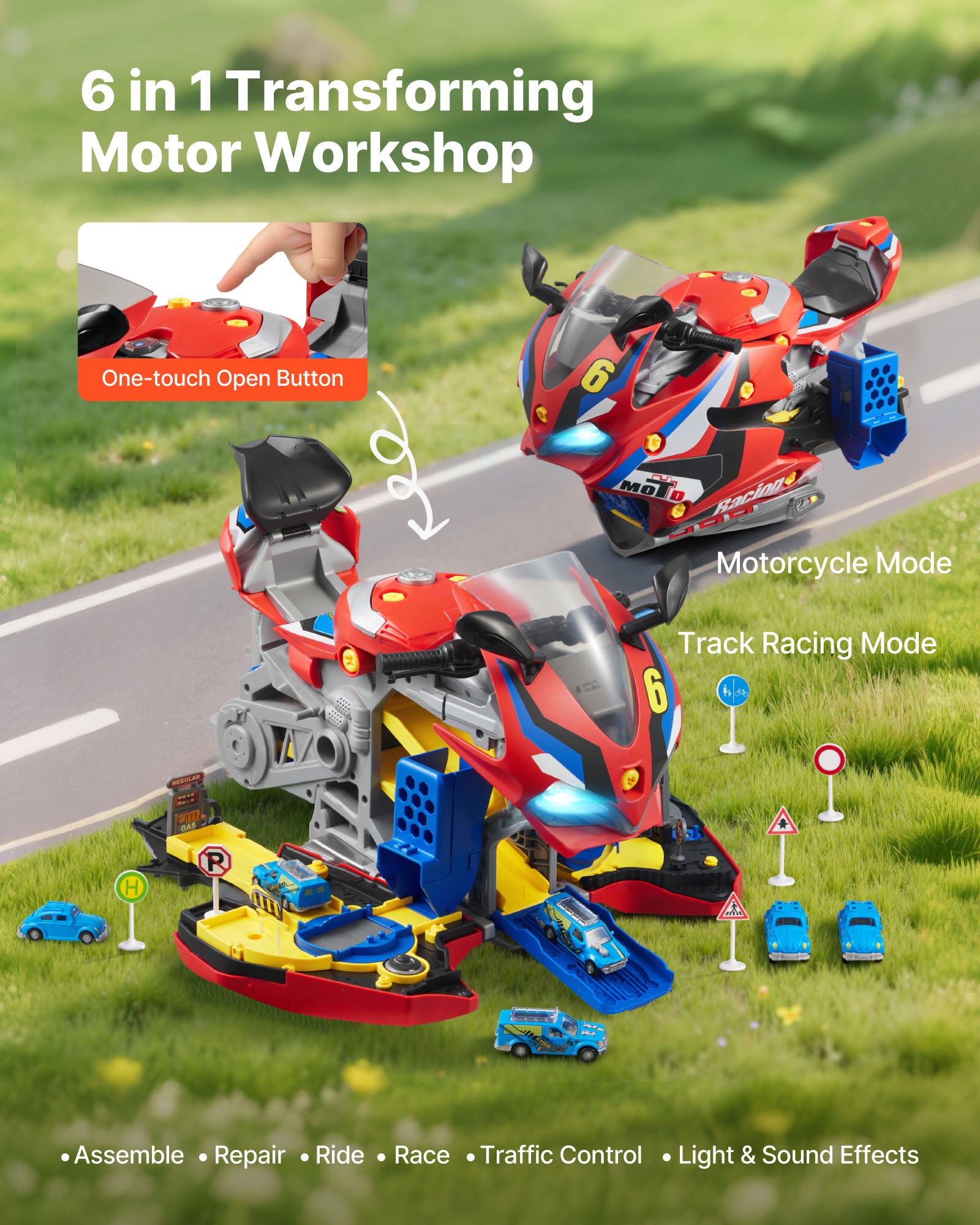 VEVOR Motorradmotor-Spielzeug, 25-teilig, Motorradmechaniker-Spielzeug mit abnehmbaren Teilen, Lichtern & Geräuschen, simuliertes Fahren & Rennstreckenrennen, für Kinder ab 3 Jahren, Rot