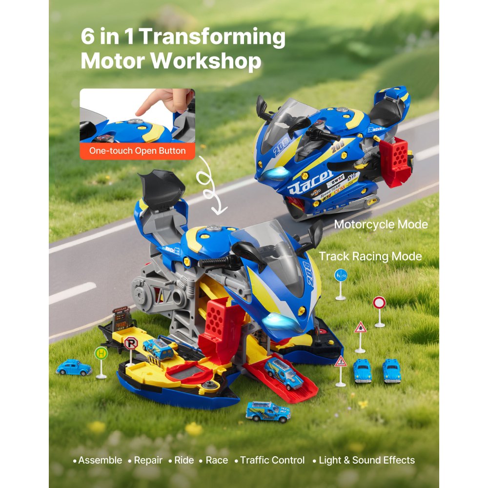VEVOR Motorcycle Engine Toy, 25 Pieces, Motorcycle Mechanic Toy with Removable Parts, Lights & Sounds, Simulated Riding & Track Racing, Kids Mechanic Workshop Set for Toddler 3 Years and Up, Blue