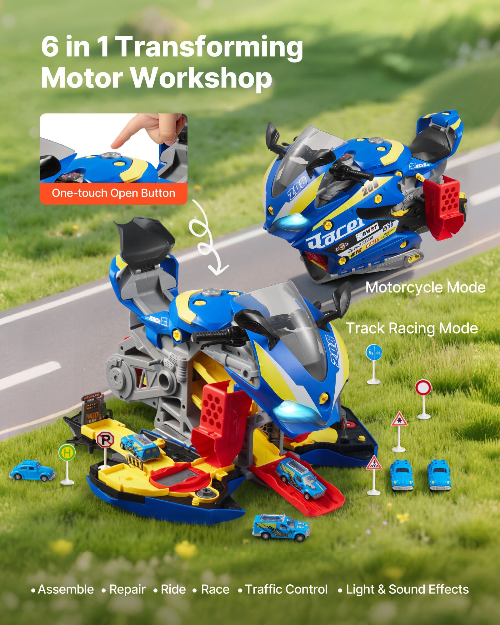 VEVOR Motorradmotor-Spielzeug, 25-teilig, Motorradmechaniker-Spielzeug mit abnehmbaren Teilen, Lichtern & Geräuschen, simuliertes Fahren & Rennstreckenrennen, für Kinder ab 3 Jahren, Blau