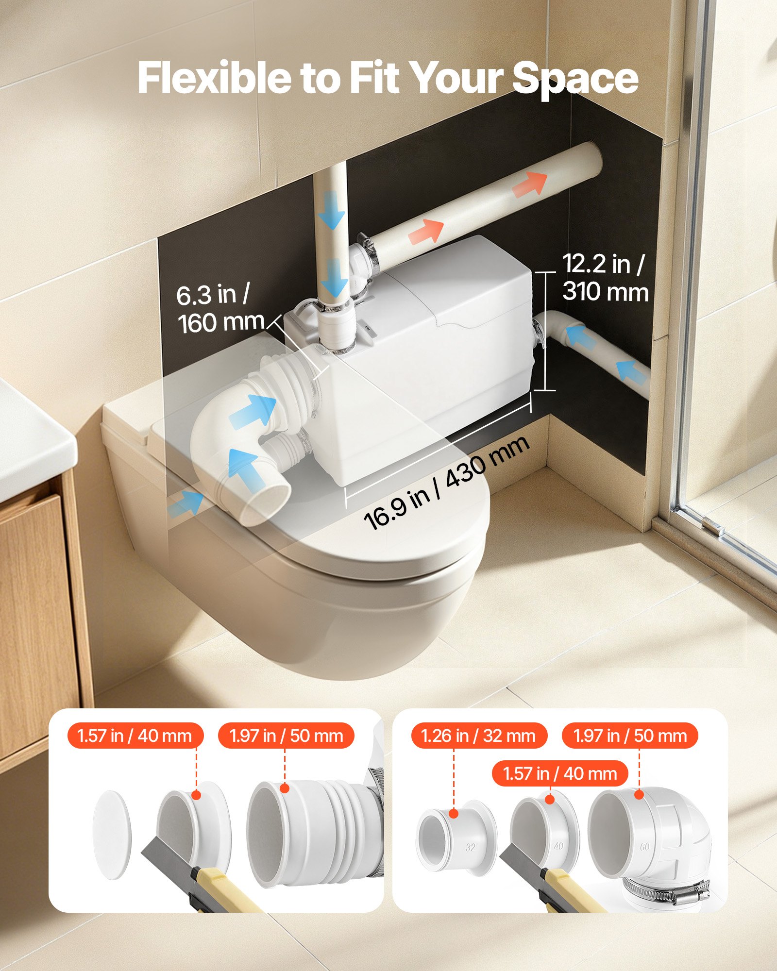VEVOR Fäkalienhebeanlage 800 W 12000 L/h 10 m Förderhöhe mit 4 Einlässen, Weiße Abwasserhebeanlage Geeignet für Keller, WC, Waschbecken, Waschküche und Küche, Zackerpumpe mit Seitlichen Einlässen