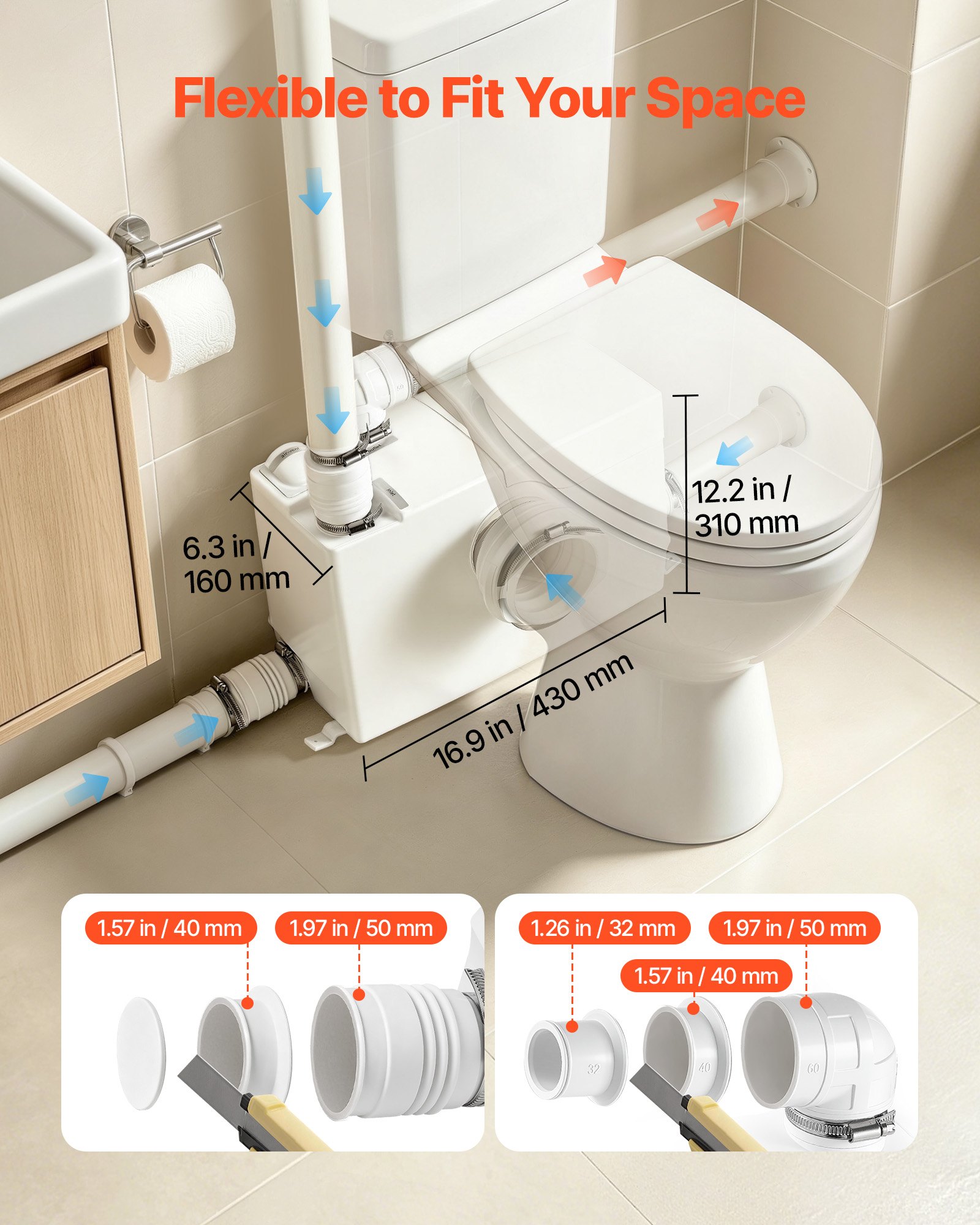 VEVOR Fäkalienhebeanlage 800 W 12000 L/h 10 m Förderhöhe Nachlauffunktion, Weiße Abwasserhebeanlage Geeignet für Keller, WC, Waschbecken, Waschküche und Küche, Hebeanlage für Abwasser Zerhackerpumpe