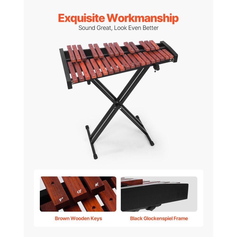 VEVOR Glockenspiel Xylophone, 32 Notes, Wooden Professional Xylophone Percussion Instrument, with Height Adjustable Stand, 4 Mallets, Carrying Bag, Beginner Musical Instrument Kit for Adults and Kids