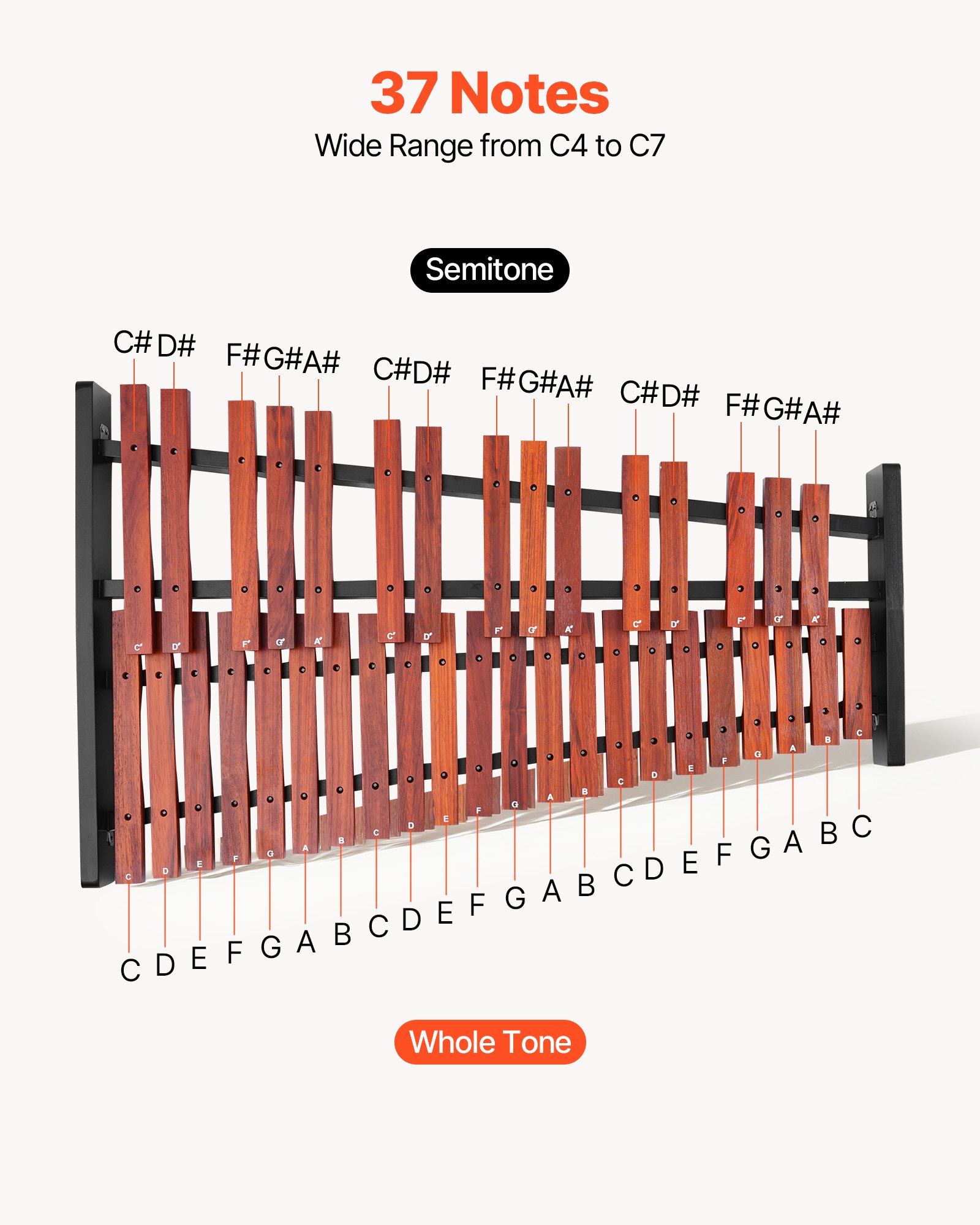 VEVOR Glockenspiel, 37 Noten, professionelles Xylophon-Schlaginstrument aus Holz, mit höhenverstellbarem Ständer aus Kohlenstoffstahl, 4 Schlägeln, Tragetasche, Musikinstrumenten-Set für Anfänger
