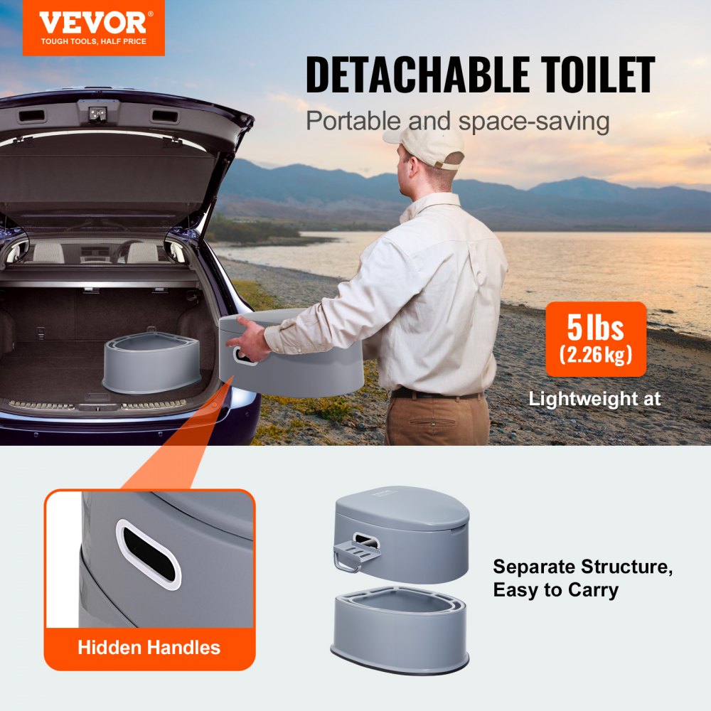VEVOR 5 L Campingtoilette mit Toilettenpapier- und Handyhalter, Tragbare Campingtoilette 500 x 467 x 400 mm Reisetoilette Nottoilette Weiße Toiletten 136,1 kg Gewichtstragfähigkeit Wohnmobiltoilette