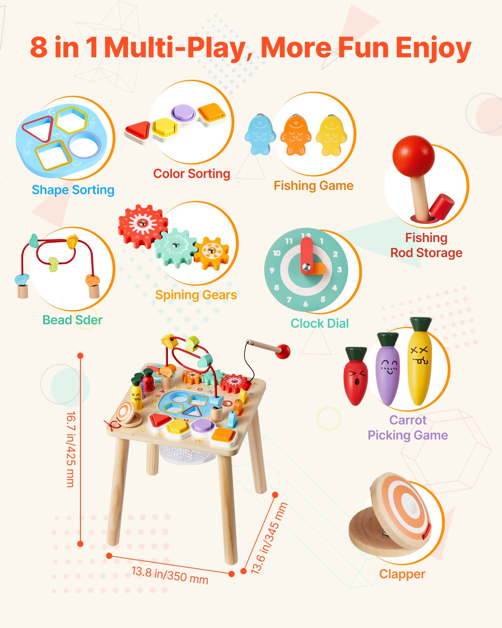 VEVOR Montessori Activity Table for Toddler 1-3 Years Old, 8 in 1 Wooden Learn Activity Desk, Baby Play Table for Boys & Girls Aged 6+ Months, Great Birthday, Christmas, Children's Day Present