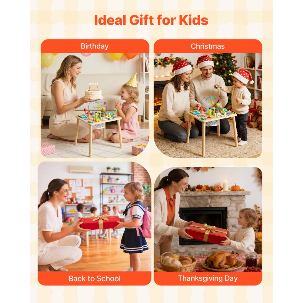 VEVOR Holz Aktivitätstisch, Montessori Spielzeug, 13-in-1-Lerntisch, Spieltisch Aktivitätstisch für Kinder ab 6 Monaten, ideales Geschenk für Geburtstag, Weihnachten oder Kindertag, 6-36 Monate