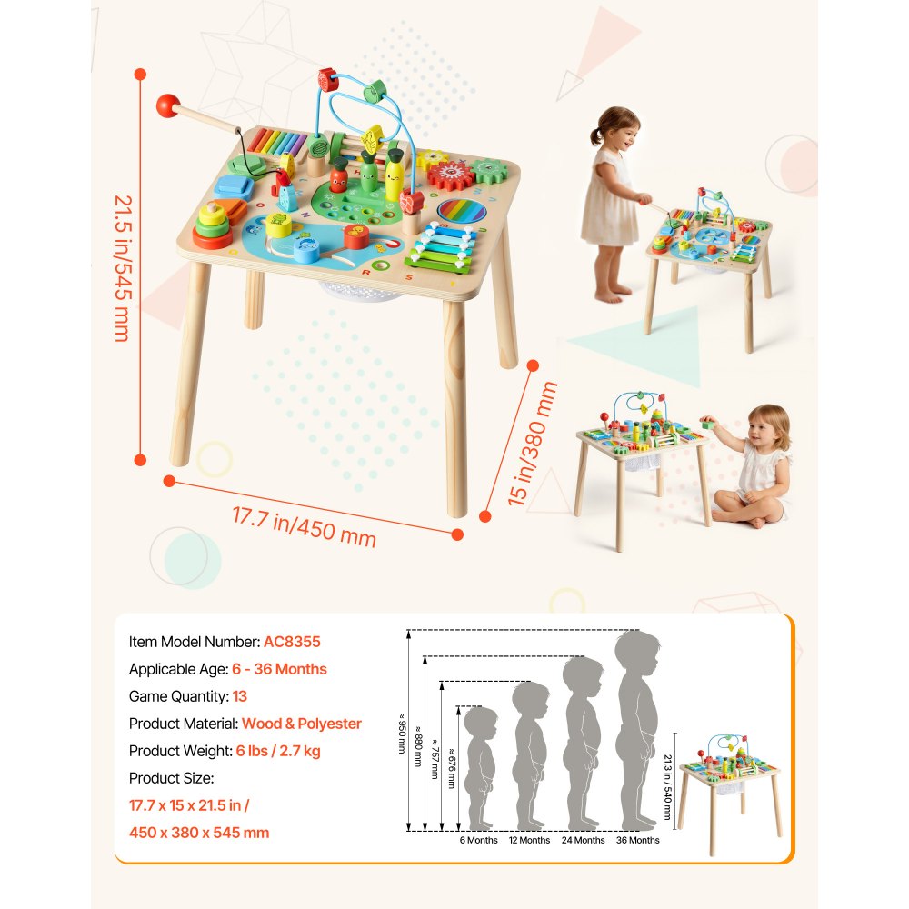 VEVOR Holz Aktivitätstisch, Montessori Spielzeug, 13-in-1-Lerntisch, Spieltisch Aktivitätstisch für Kinder ab 6 Monaten, ideales Geschenk für Geburtstag, Weihnachten oder Kindertag, 6-36 Monate
