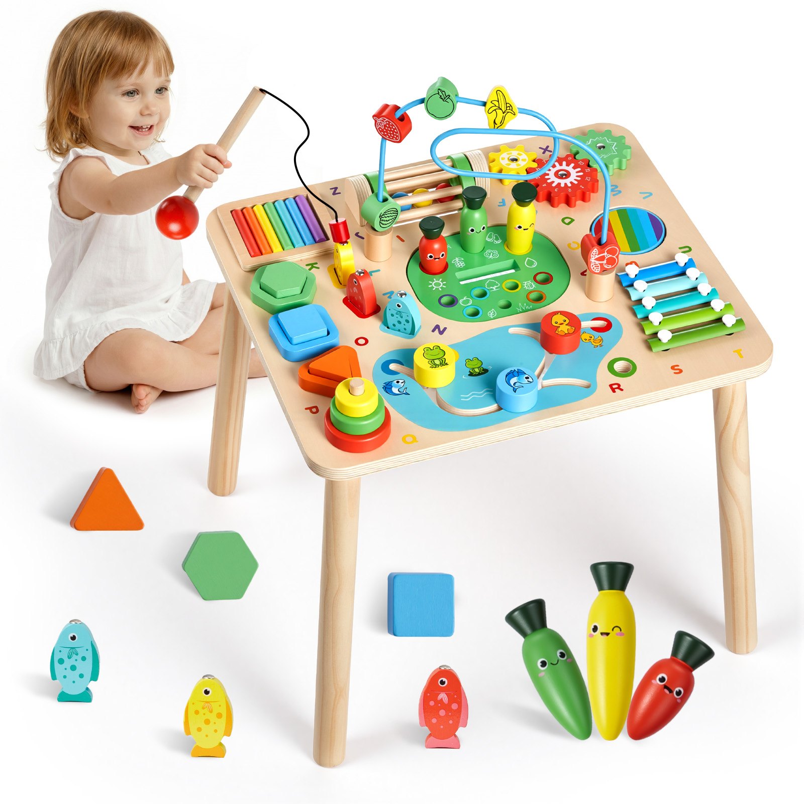 VEVOR Holz Aktivitätstisch, Montessori Spielzeug, 13-in-1-Lerntisch, Spieltisch Aktivitätstisch für Kinder ab 6 Monaten, ideales Geschenk für Geburtstag, Weihnachten oder Kindertag, 6-36 Monate