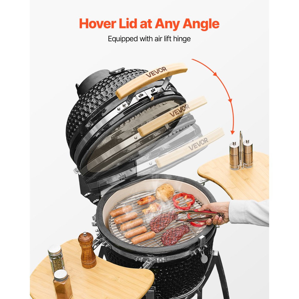 VEVOR Kamado Grill, Keramikgrill, Smoker Ø 450 mm, mit Holzgriffen, Seitenablagen, Metallstand mit Rollen & Thermometer bis 400°C, oberer & unterer Luftstrom, für BBQ, Grillen, Kochen & Backen Outdoor