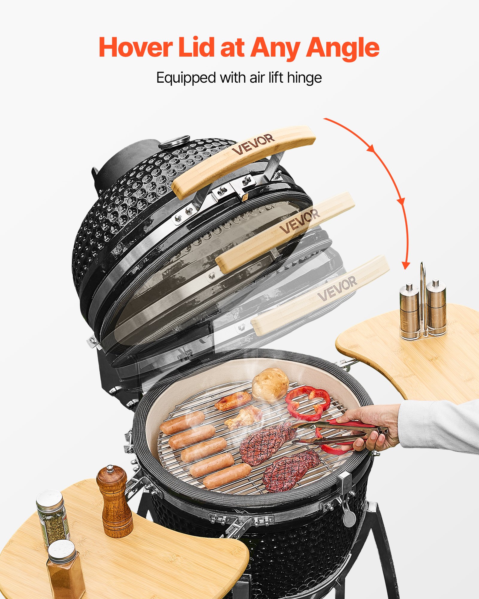 VEVOR Kamado Grill, Keramikgrill, Smoker Ø 450 mm, mit Holzgriffen, Seitenablagen, Metallstand mit Rollen & Thermometer bis 400°C, oberer & unterer Luftstrom, für BBQ, Grillen, Kochen & Backen Outdoor