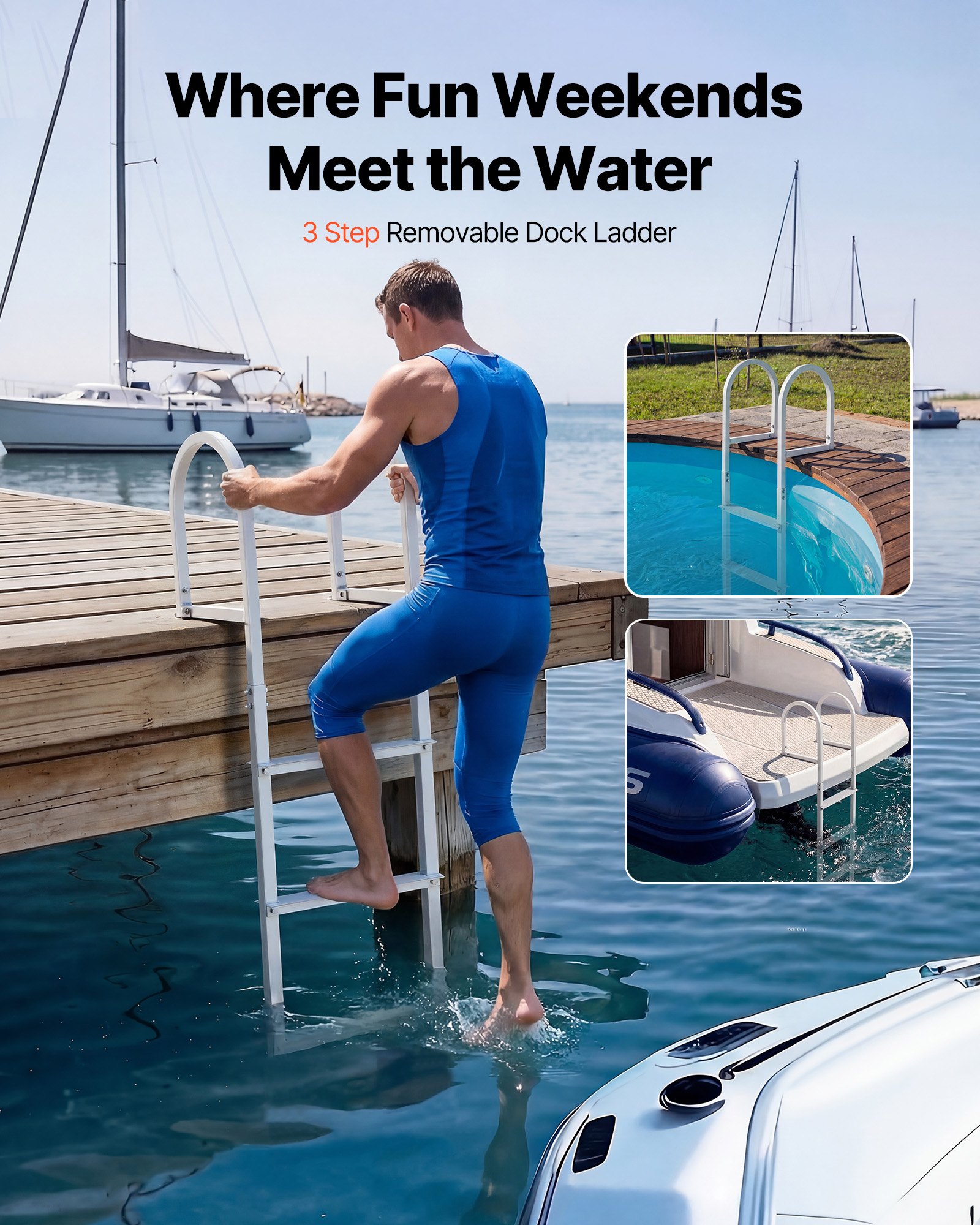 VEVOR Dockleiter 3 abnehmbare Stufen 227 kg Tragkraft, Ponton-Bootsleiter aus Aluminiumlegierung mit 8 cm breiter Stufe und rutschfester Gummimatte, für das Einsteigen in Schiffe/Seen/Schwimmbäder