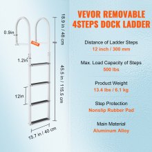 VEVOR Dockleiter 4 abnehmbare Stufen 227 kg Tragkraft Ponton-Bootsleiter aus Aluminiumlegierung mit 8 cm breiter Stufe und rutschfester Gummimatte für das Einsteigen in Schiffe/Seen/Schwimmbäder/Meere