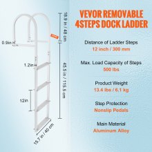 VEVOR Dockleiter 4 abnehmbare Stufen 227 kg Tragkraft Ponton-Bootsleiter aus Aluminiumlegierung mit 8 cm breiter Stufe und rutschfester Gummimatte für das Einsteigen in Schiffe/Seen/Schwimmbäder/Meere