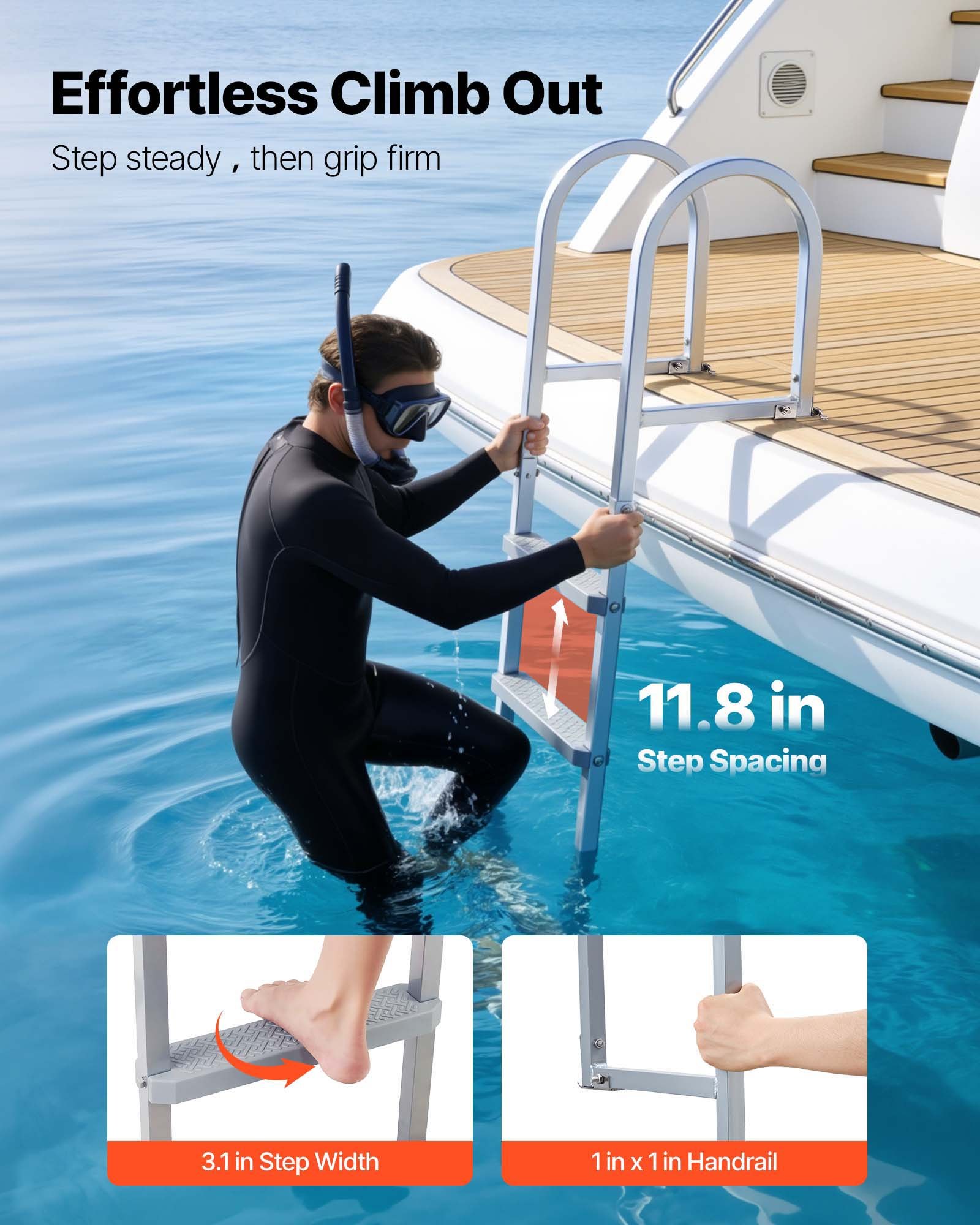 VEVOR Dockleiter Abnehmbar, Bootsleiter mit 3 Rutschfesten Stufen Breite Pedale & Handlauf, 227 kg Belastbare Poolleiter aus Aluminiumlegierung, Einstiegsleiter für Docks Pools Seen Boote, Silber