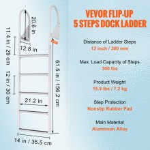 VEVOR Dockleiter hochklappbar 5 Stufen 159 kg Tragfähigkeit Ponton-Bootsleiter aus Aluminiumlegierung mit ca. 5 cm breiter Stufe und rutschfester Gummimatte für Schiff/See/Pool/Marine