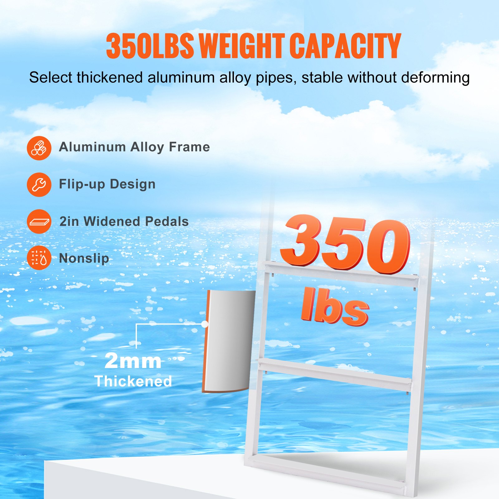 VEVOR Dockleiter hochklappbare 3 Stufen 159 kg Tragfähigkeit Ponton-Bootsleiter aus Aluminiumlegierung mit 5cm breiter Stufe und rutschfester Gummimatte einfach zu installieren für Schiff/See/Pool