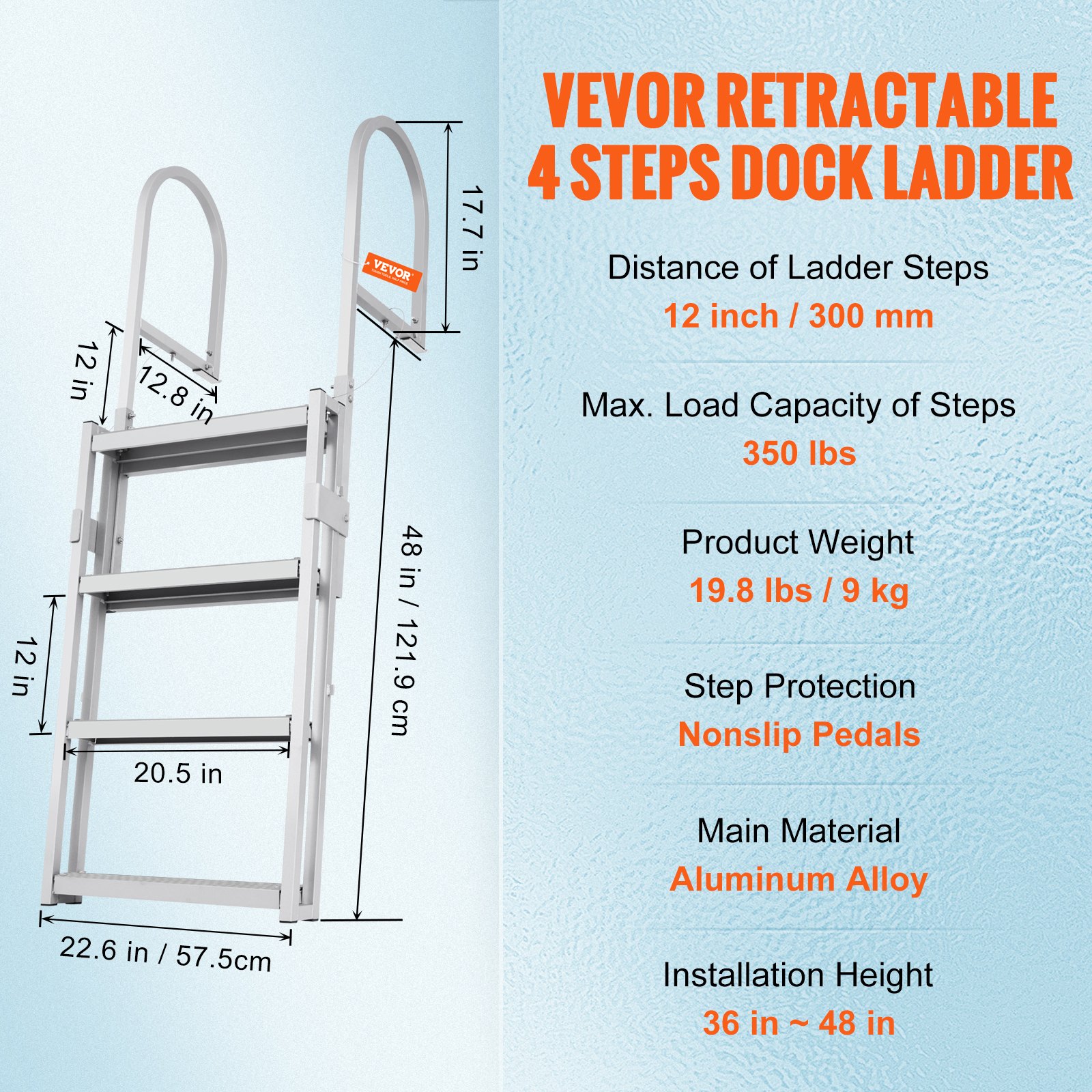 VEVOR Dock Ladder with 4 Retractable Steps, 159kg Load Capacity, Aluminum Alloy Pontoon Boat Ladder with 1400-1705mm Adjustable Height, 10cm Wide Step for Boarding Ships/Lakes/Swimming Pools