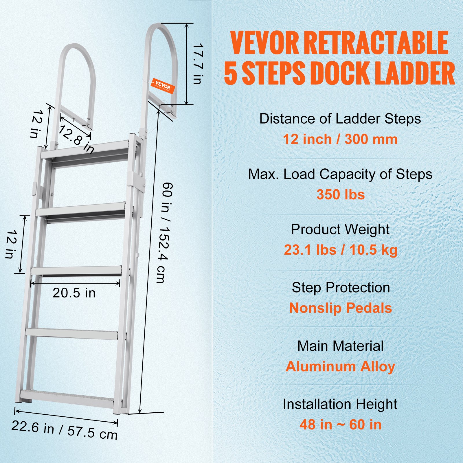 VEVOR Dock Ladder with 5 Retractable Steps, 159kg Load Capacity, Aluminum Alloy Pontoon Boat Ladder with 1700-2005mm Adjustable Height, 10cm Wide Step for Boarding Ships/Lake/Pool/Marine