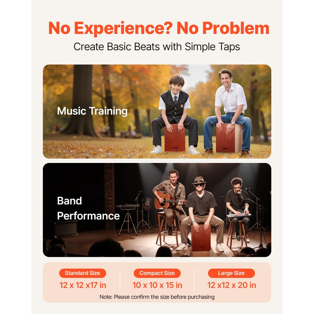 VEVOR Cajon, Kistentrommel mit internen Gitarrensaiten, leichte Drum-Box aus Holz, tragbares Trommel-Musikinstrument mit Reisetasche, abgerundeten Kanten, für Anfänger & Profis, 305x305x430 mm