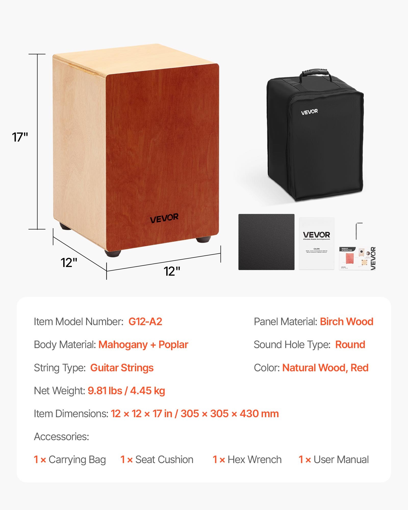 VEVOR Cajon, Kistentrommel mit internen Gitarrensaiten, leichte Drum-Box aus Holz, tragbares Trommel-Musikinstrument mit Reisetasche, abgerundeten Kanten, für Anfänger & Profis, 305x305x430 mm