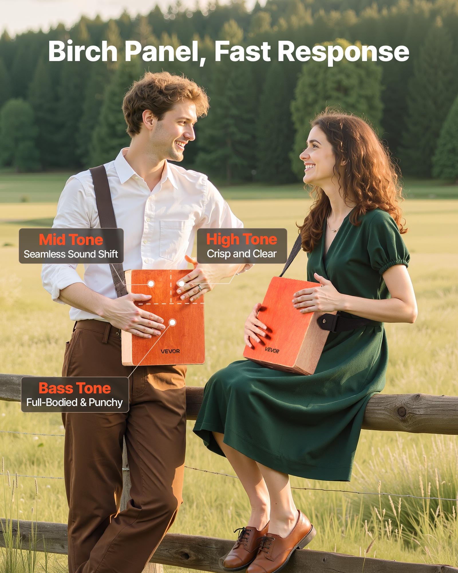 VEVOR Cajon Box Drum, with Internal Guitar Strings, Lightweight Wooden Percussion Box, Portable Birch Wood Drum with Travel Bag, Adjustable Strap, for Beginners and Professionals, 230 x 100 x 280 mm