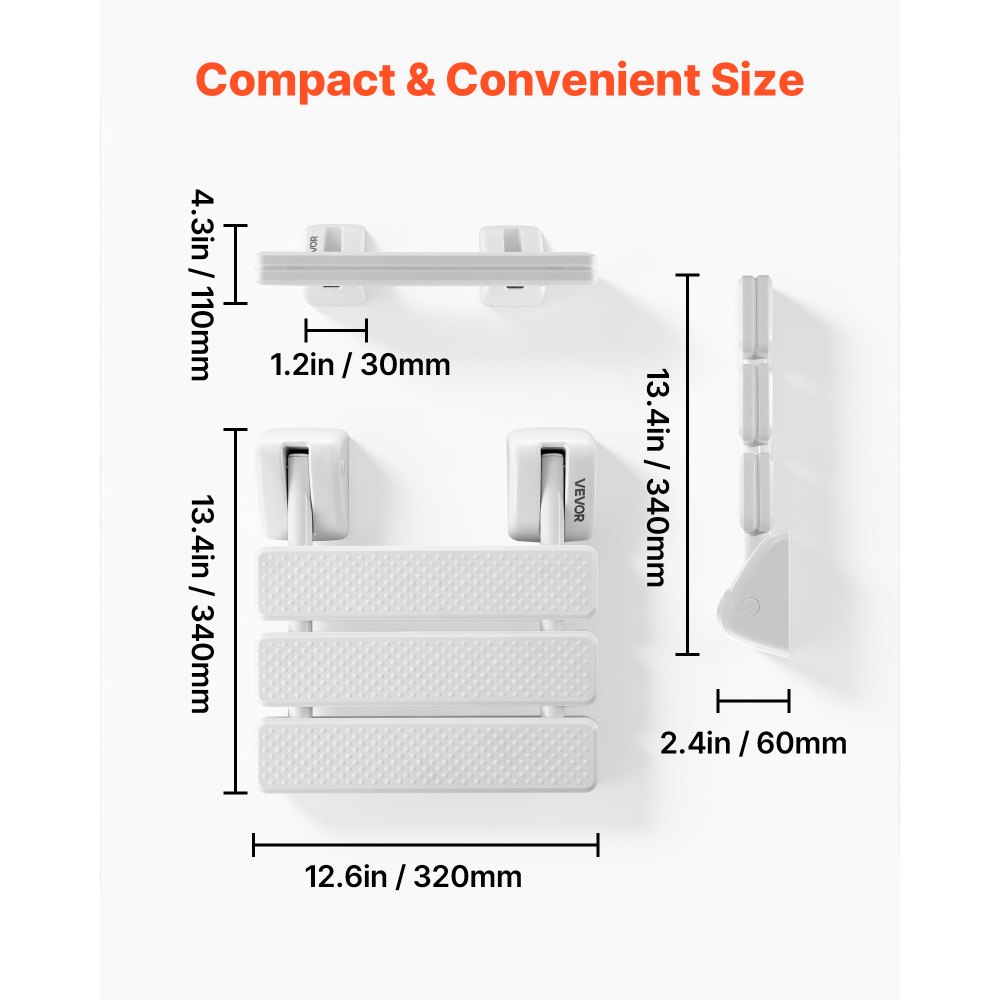 VEVOR Klappbarer Duschsitz zur Wandmontage (32 x 34 cm Sitzfläche), Wandklappstuhl mit Aluminiumrahmen, Duschsitz (100 kg Belastbar) für Erwachsene & Senioren, Geeignet für Badezimmer & Flur, Weiß