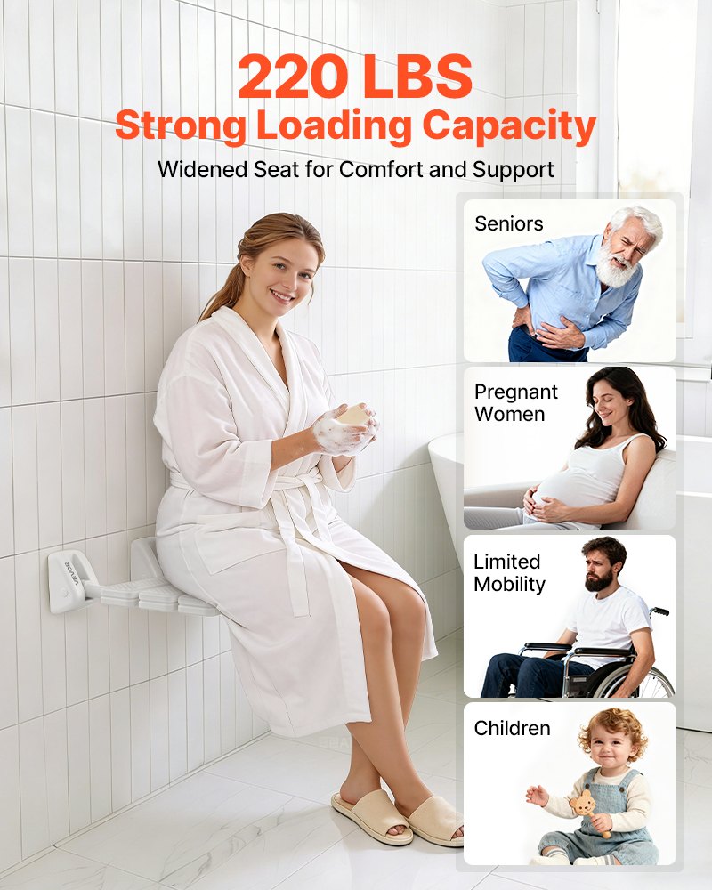 VEVOR Klappbarer Duschsitz zur Wandmontage (32 x 34 cm Sitzfläche), Wandklappstuhl mit Aluminiumrahmen, Duschsitz (100 kg Belastbar) für Erwachsene & Senioren, Geeignet für Badezimmer & Flur, Weiß
