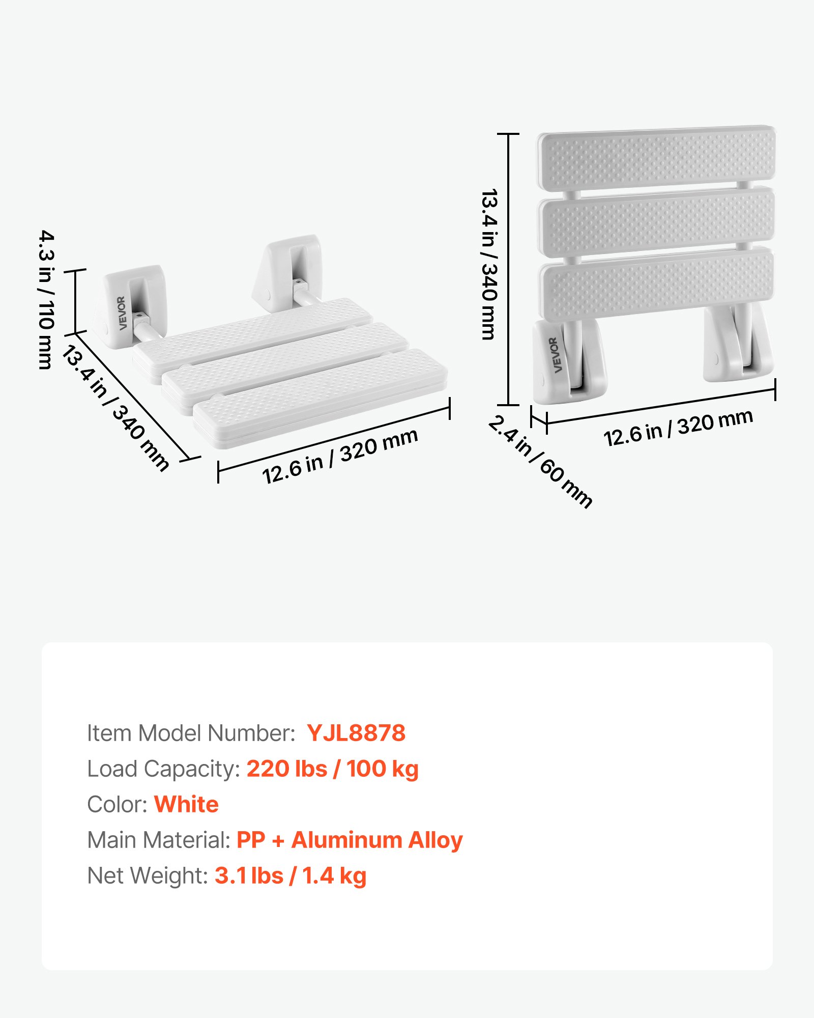 VEVOR Klappbarer Duschsitz zur Wandmontage (32 x 34 cm Sitzfläche), Wandklappstuhl mit Aluminiumrahmen, Duschsitz (100 kg Belastbar) für Erwachsene & Senioren, Geeignet für Badezimmer & Flur, Weiß