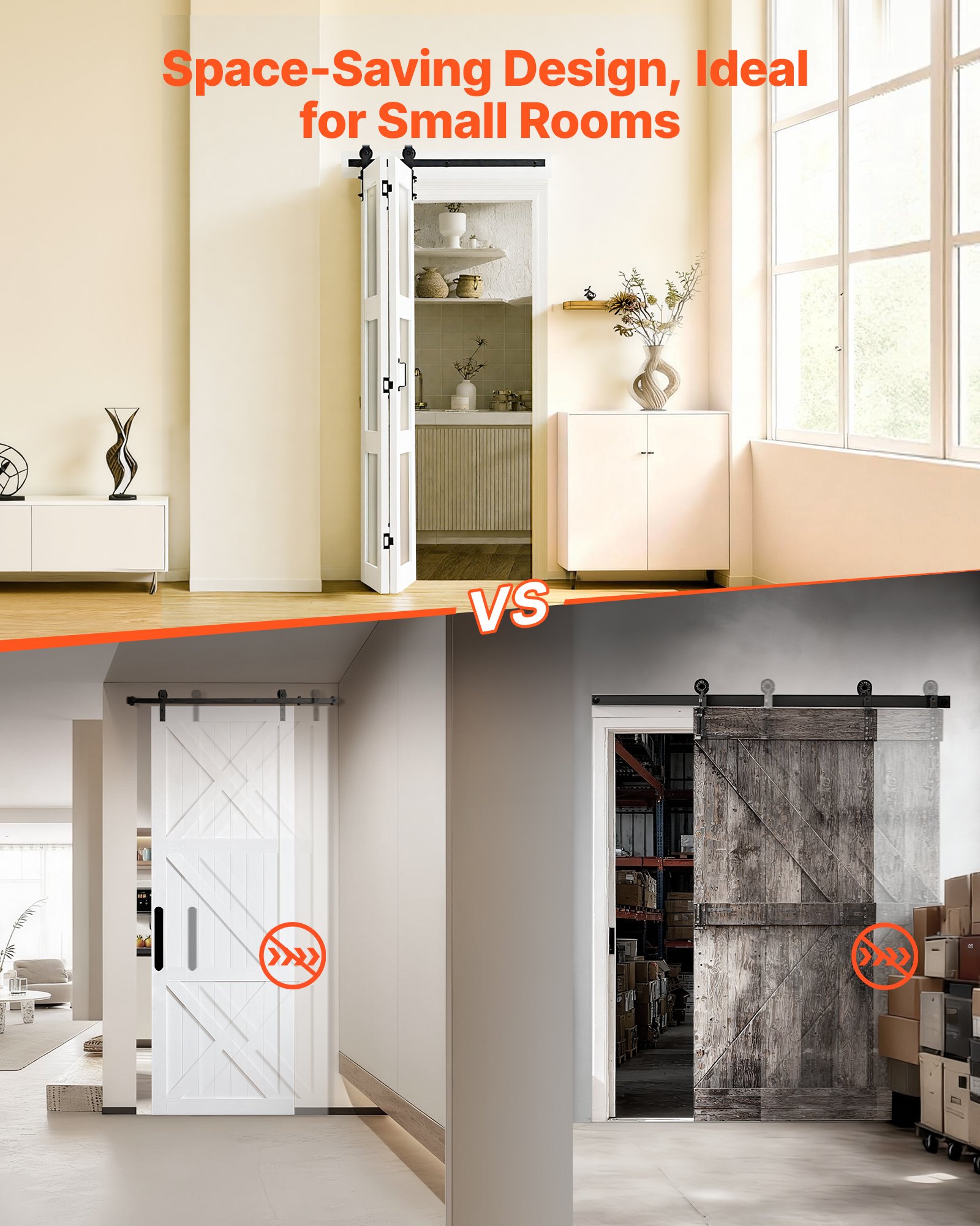 VEVOR Faltbare Schiebetür im Scheunentor-Stil 914x2134 mm, Falttür aus MDF + Gehärtetem Glas, mit Beschlagsatz, Platzsparendes Design, Vormontierte Paneele für Schlafzimmer Wohnzimmer Weiß