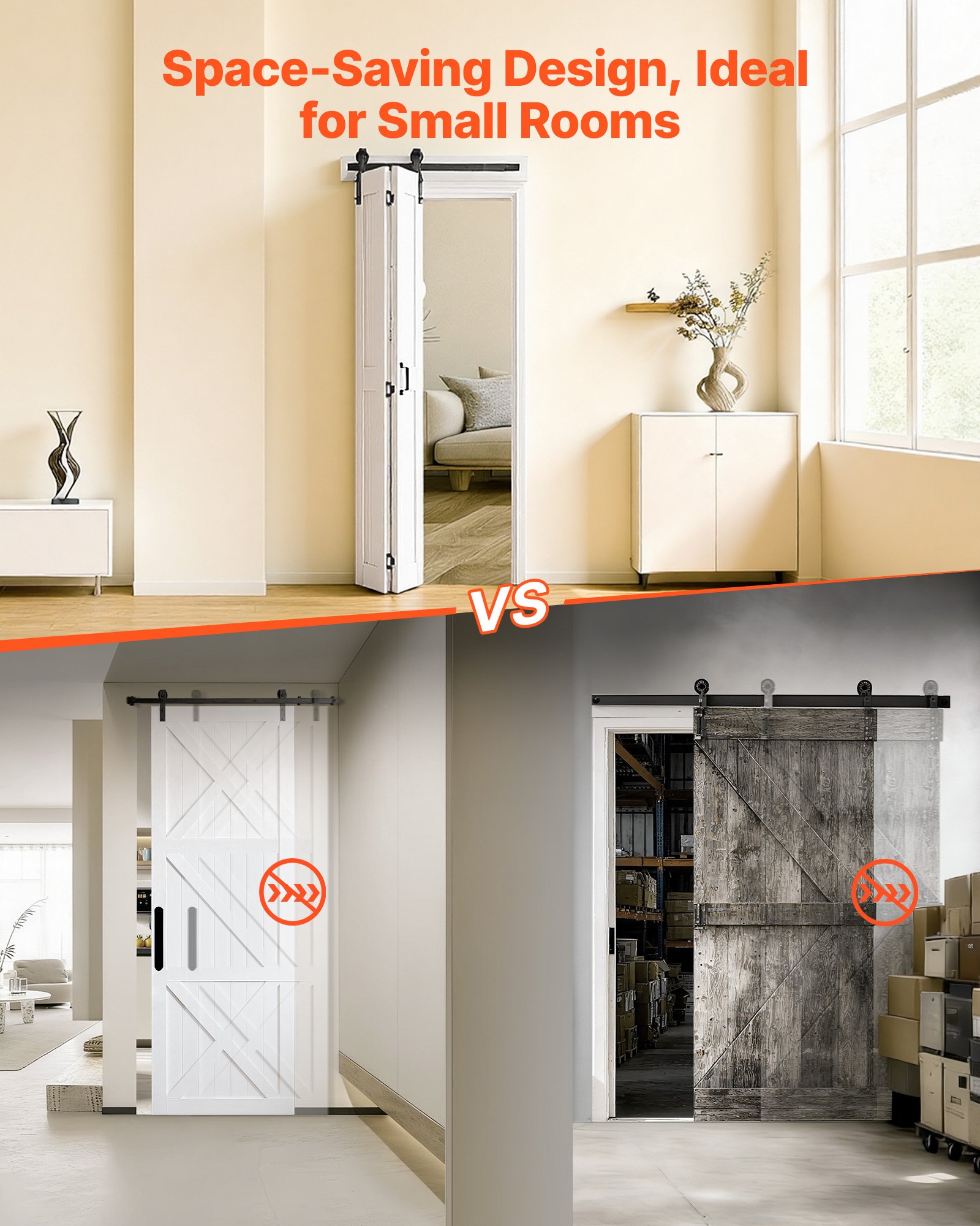 VEVOR Faltbare Schiebetür im Scheunentor-Stil 609x2134 mm aus MDF, mit Beschlagsatz & Platzsparendem H-Rahmen-Design, Faltschiebetür für Schlafzimmer Wohnzimmer Weiß (Montage erforderlich)