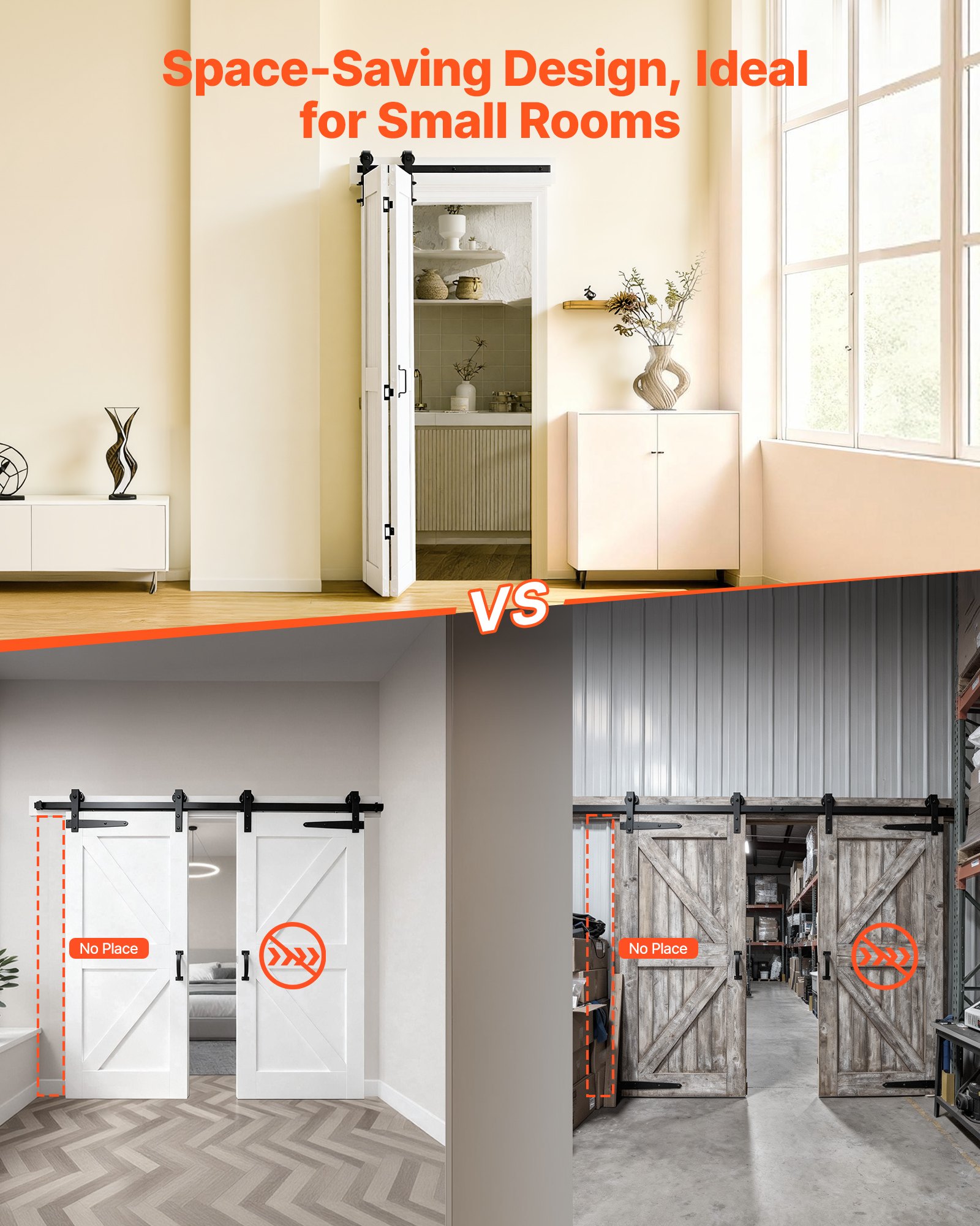 VEVOR Faltbare Schiebetür im Scheunentor-Stil 914x2134 mm aus MDF, mit Beschlagsatz & Platzsparendem H-Rahmen-Design, Faltschiebetür für Schlafzimmer Wohnzimmer Weiß (Montage Erforderlich)