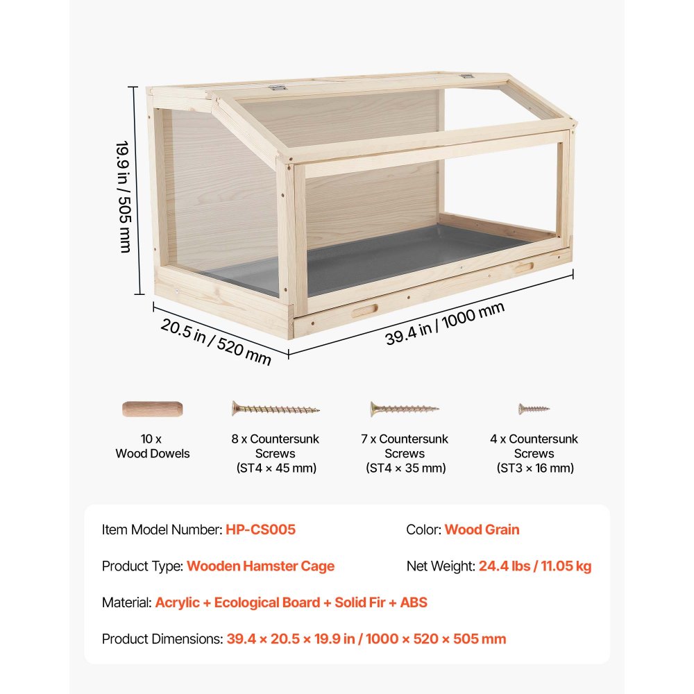 VEVOR Hamsterkäfig Nagerkäfig Nagarium Hamstergehege Holz 1000x520x505 mm, 270°-Sichtfenster Nagersicherer mit Deckel Belüftung für Goldhamster Zwerghamster Meerschweinchen Rennmäuse
