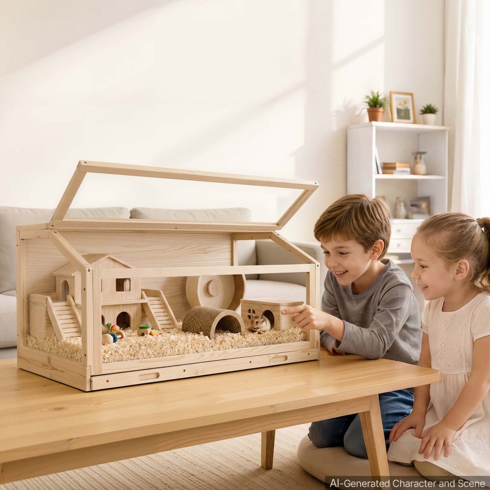VEVOR Hamsterkäfig Nagerkäfig Nagarium Hamstergehege Holz 1000x520x505 mm, 270°-Sichtfenster Nagersicherer mit Deckel Belüftung für Goldhamster Zwerghamster Meerschweinchen Rennmäuse