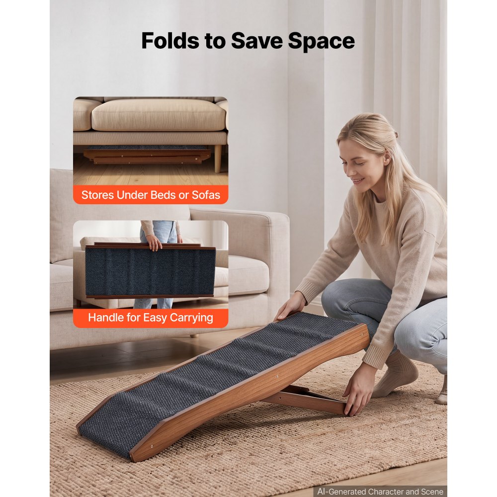 VEVOR Hunderampe Holz 89 cm Haustierrampe Einstiegshilfe 32-42 cm Faltbar, für Kleine & Ältere Hunde zum Hochklettern auf Sofa & Couch, bis 90,7 kg Belastbar, mit Rutschfester Filzoberfläche & Griff