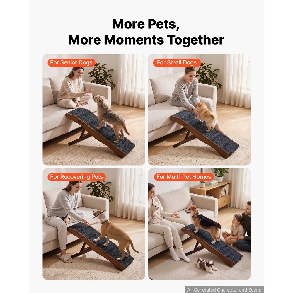 VEVOR Hunderampe Holz 89 cm Haustierrampe Einstiegshilfe 32-42 cm Faltbar, für Kleine & Ältere Hunde zum Hochklettern auf Sofa & Couch, bis 90,7 kg Belastbar, mit Rutschfester Filzoberfläche & Griff