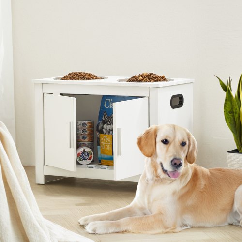 VEVOR Hunde Schrank Futterstation mit 2 Edelstahlnpfen 60 x 30 x 44 cm,  erhhte Hundenpfe mit Stauraum, Tierfutterschrank, Futternapf mit  Doppeltr, Napfbar, Hundebar fr extra groe Hunde, Wei | VEVOR DE
