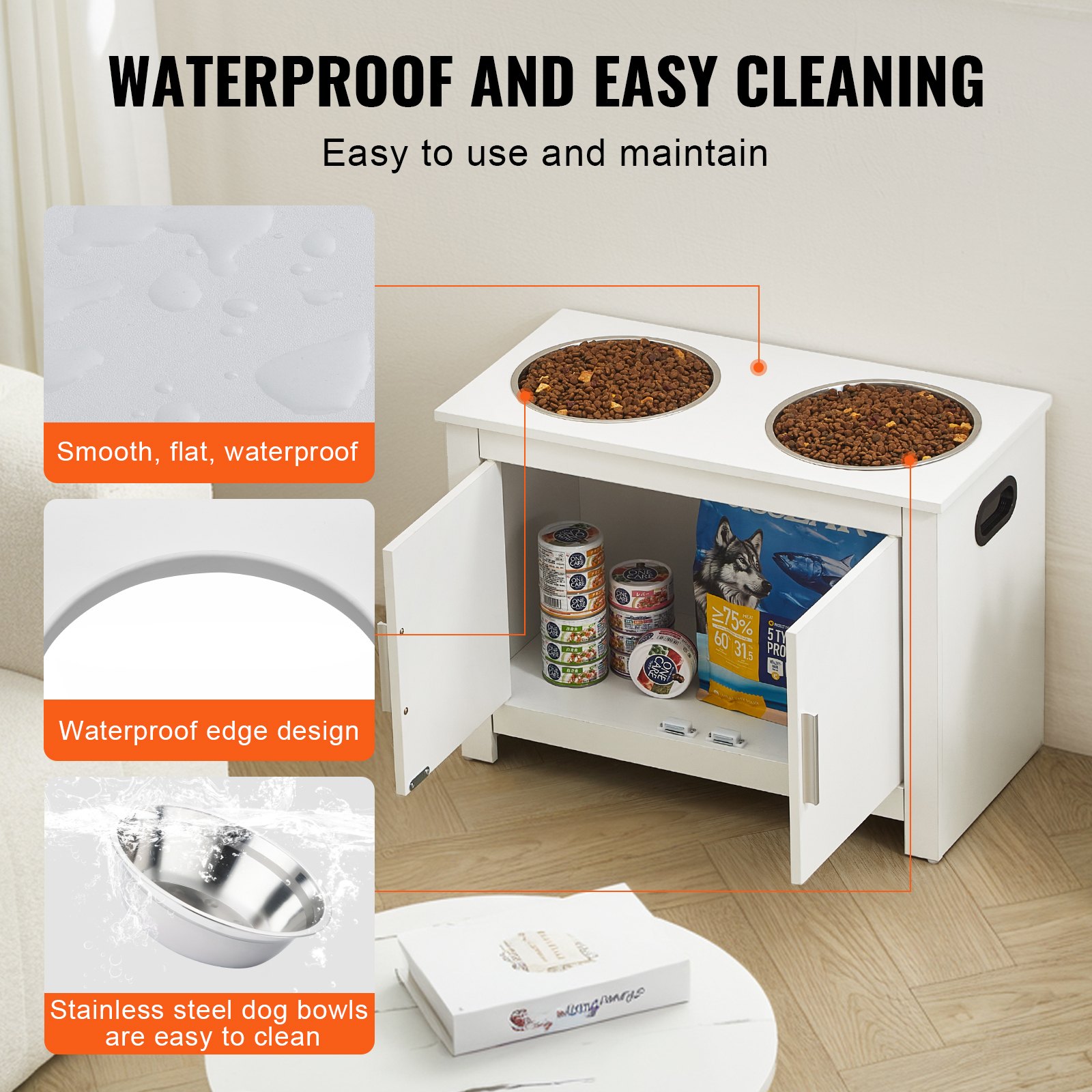 VEVOR Dog Cabinet Feeding Station with 2 Stainless Steel Bowls 60 x 30 x 44 cm, Elevated Dog Bowls with Storage, Pet Food Cabinet, Feeding Bowl with Double Door, Bowl Bar, Dog Bar for Extra Large Dogs, White