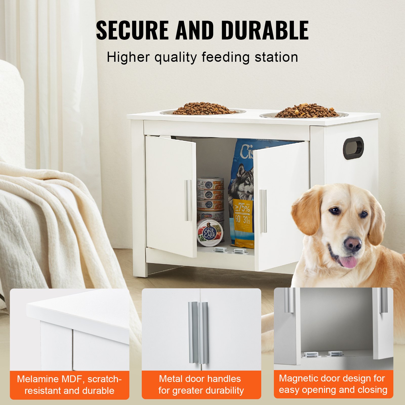 VEVOR Dog Cabinet Feeding Station with 2 Stainless Steel Bowls 60 x 30 x 44 cm, Elevated Dog Bowls with Storage, Pet Food Cabinet, Feeding Bowl with Double Door, Bowl Bar, Dog Bar for Extra Large Dogs, White
