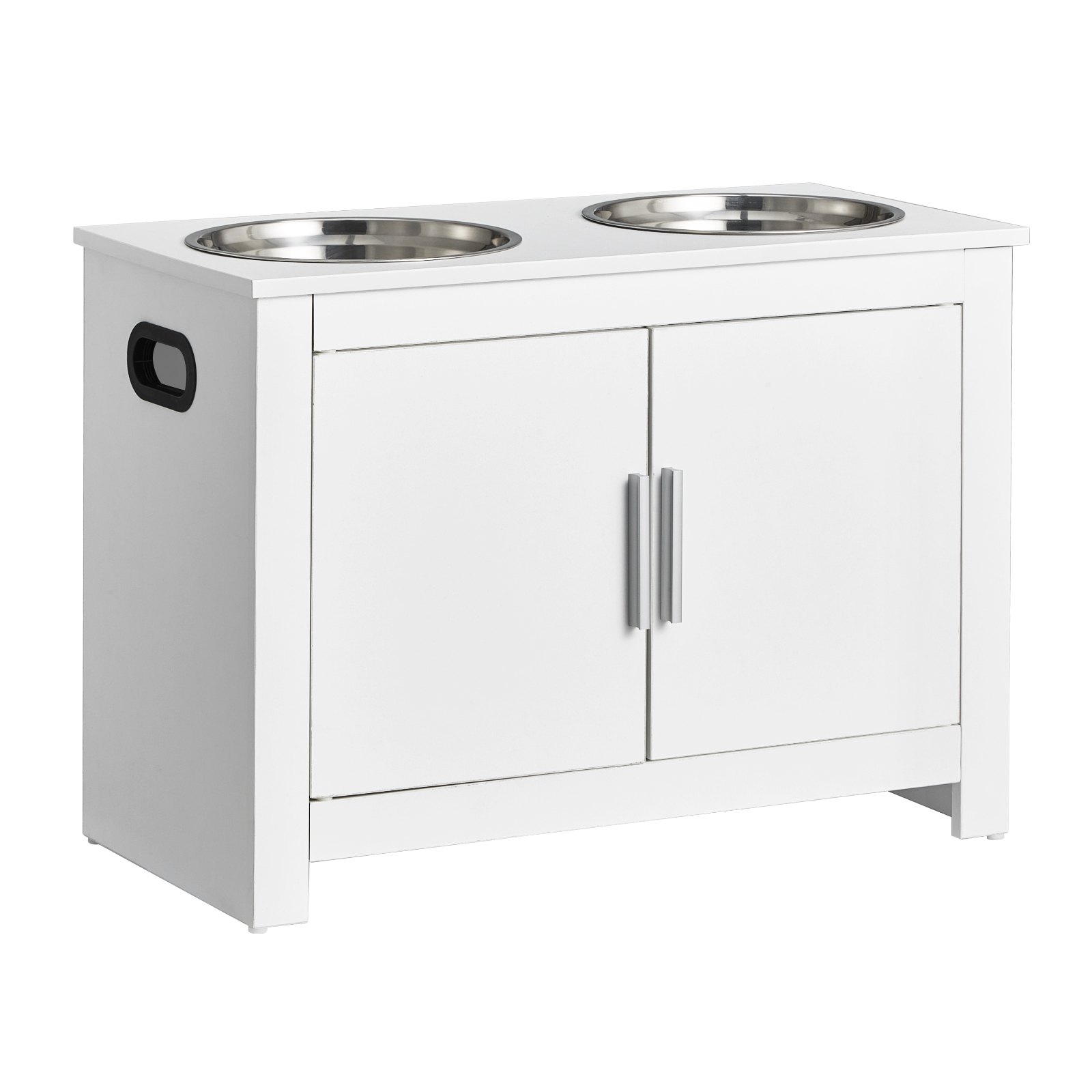 VEVOR Dog Cabinet Feeding Station with 2 Stainless Steel Bowls 60 x 30 x 44 cm, Elevated Dog Bowls with Storage, Pet Food Cabinet, Feeding Bowl with Double Door, Bowl Bar, Dog Bar for Extra Large Dogs, White