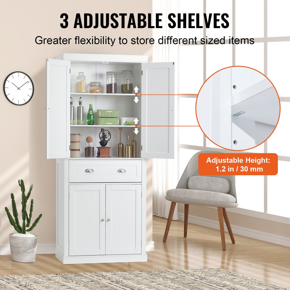VEVOR 183 cm Vorratsschrank für die Küche, Hauswirtschaftsschränke mit Türen, Schublade &  3 Verstellbaren Regalen, Speisebuffet-Vorratskammern für Küche, Wohnzimmer, Esszimmer, Waschküche, Weiß