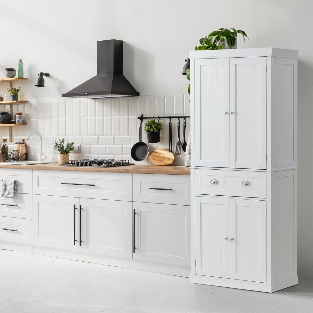 VEVOR 183 cm Vorratsschrank für die Küche, Hauswirtschaftsschränke mit Türen, Schublade &  3 Verstellbaren Regalen, Speisebuffet-Vorratskammern für Küche, Wohnzimmer, Esszimmer, Waschküche, Weiß