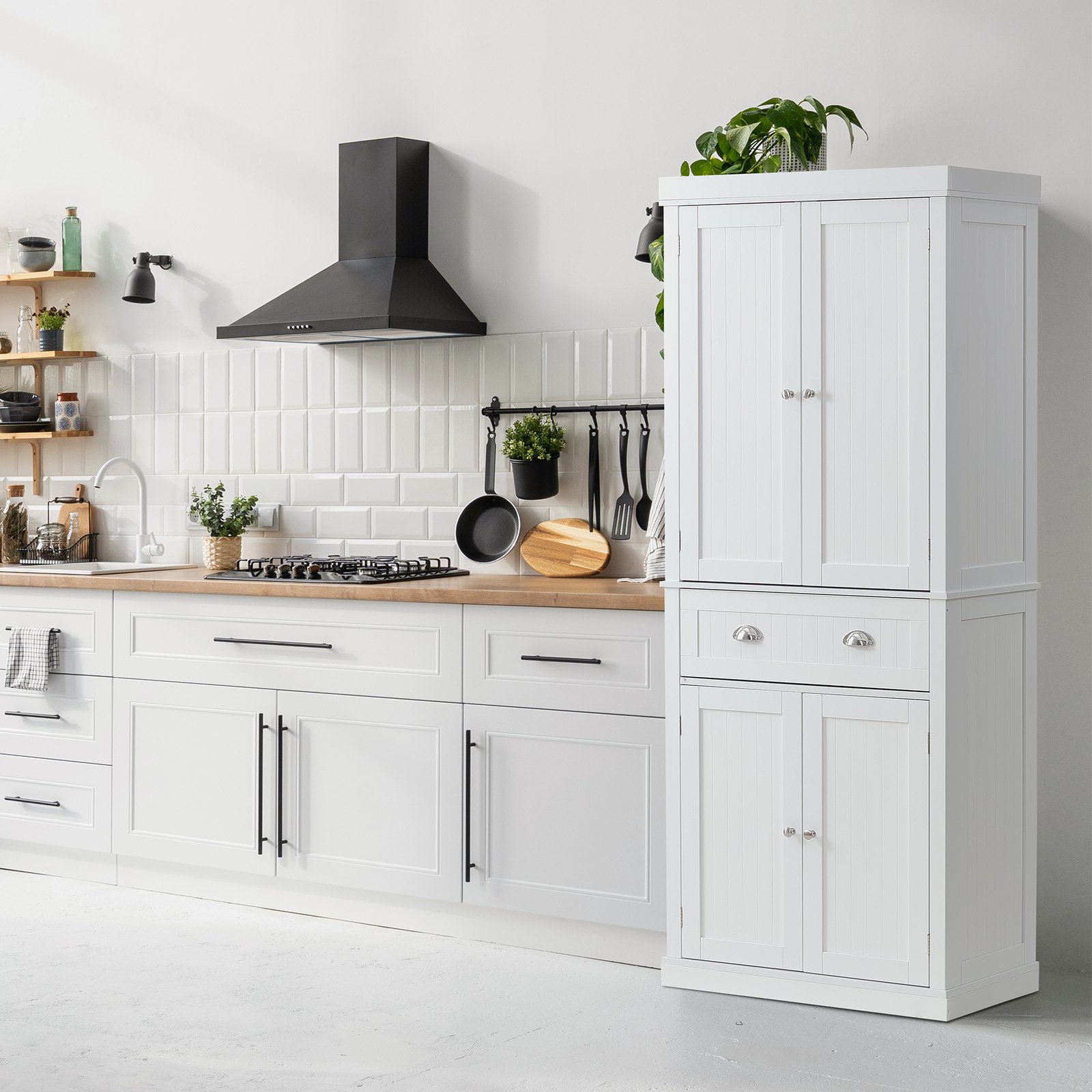VEVOR 183 cm Vorratsschrank für die Küche, Hauswirtschaftsschränke mit Türen, Schublade &  3 Verstellbaren Regalen, Speisebuffet-Vorratskammern für Küche, Wohnzimmer, Esszimmer, Waschküche, Weiß