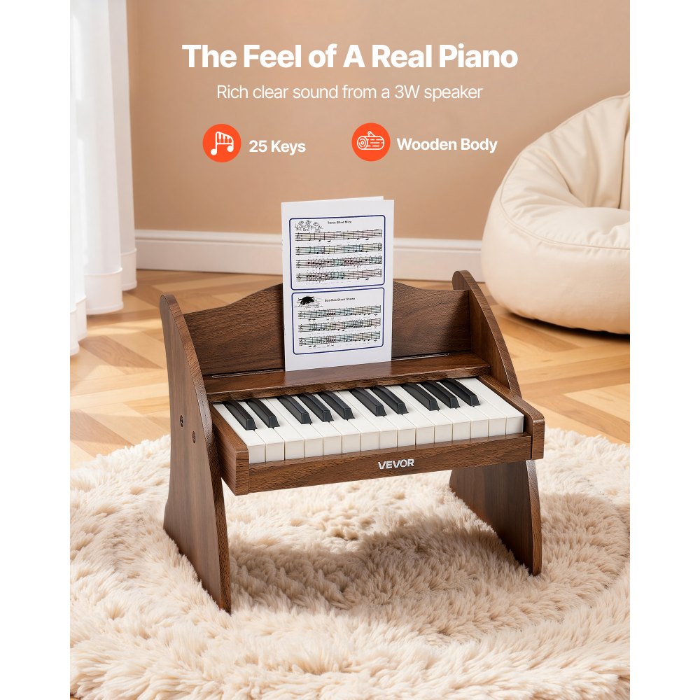 VEVOR Kinder-Keyboard, 25 Tasten, E-Piano, Holzklavier für Kinder ab 3 Jahren, Musikispielzeug mit Realistischem Klang, Dual-Power, Einstellbare Lautstärke, Musikalische Früherziehung, Walnussholz