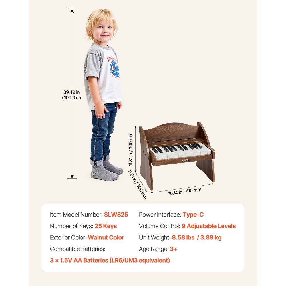 VEVOR Kinder-Keyboard, 25 Tasten, E-Piano, Holzklavier für Kinder ab 3 Jahren, Musikispielzeug mit Realistischem Klang, Dual-Power, Einstellbare Lautstärke, Musikalische Früherziehung, Walnussholz