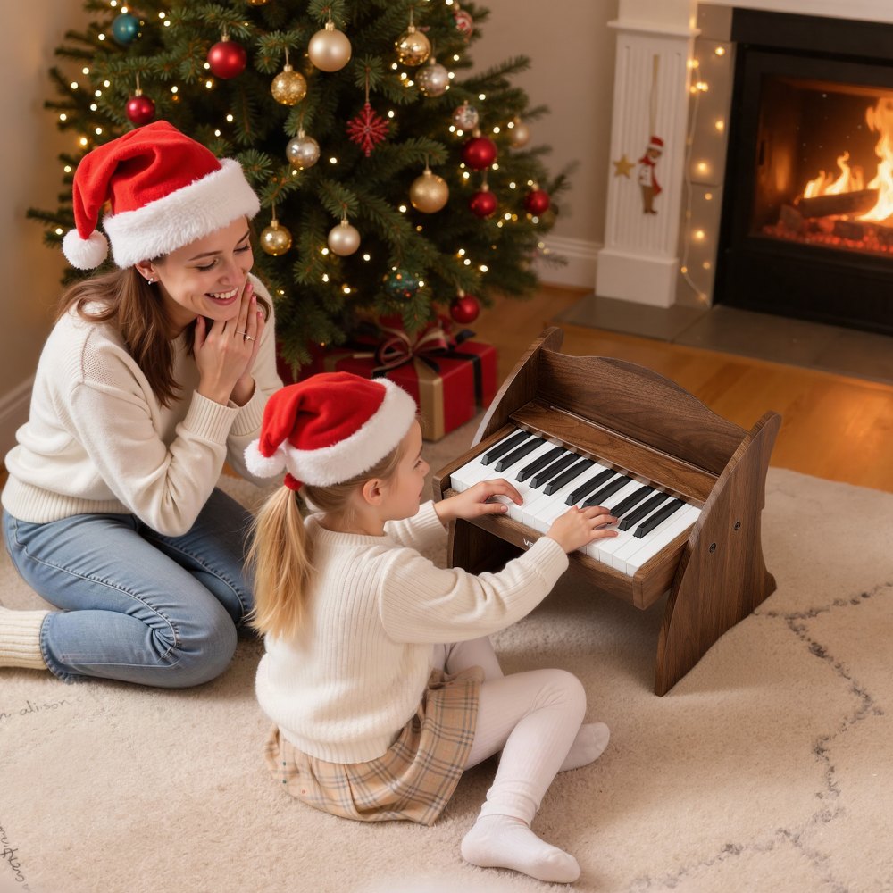 VEVOR Kinder-Keyboard, 25 Tasten, E-Piano, Holzklavier für Kinder ab 3 Jahren, Musikispielzeug mit Realistischem Klang, Dual-Power, Einstellbare Lautstärke, Musikalische Früherziehung, Walnussholz