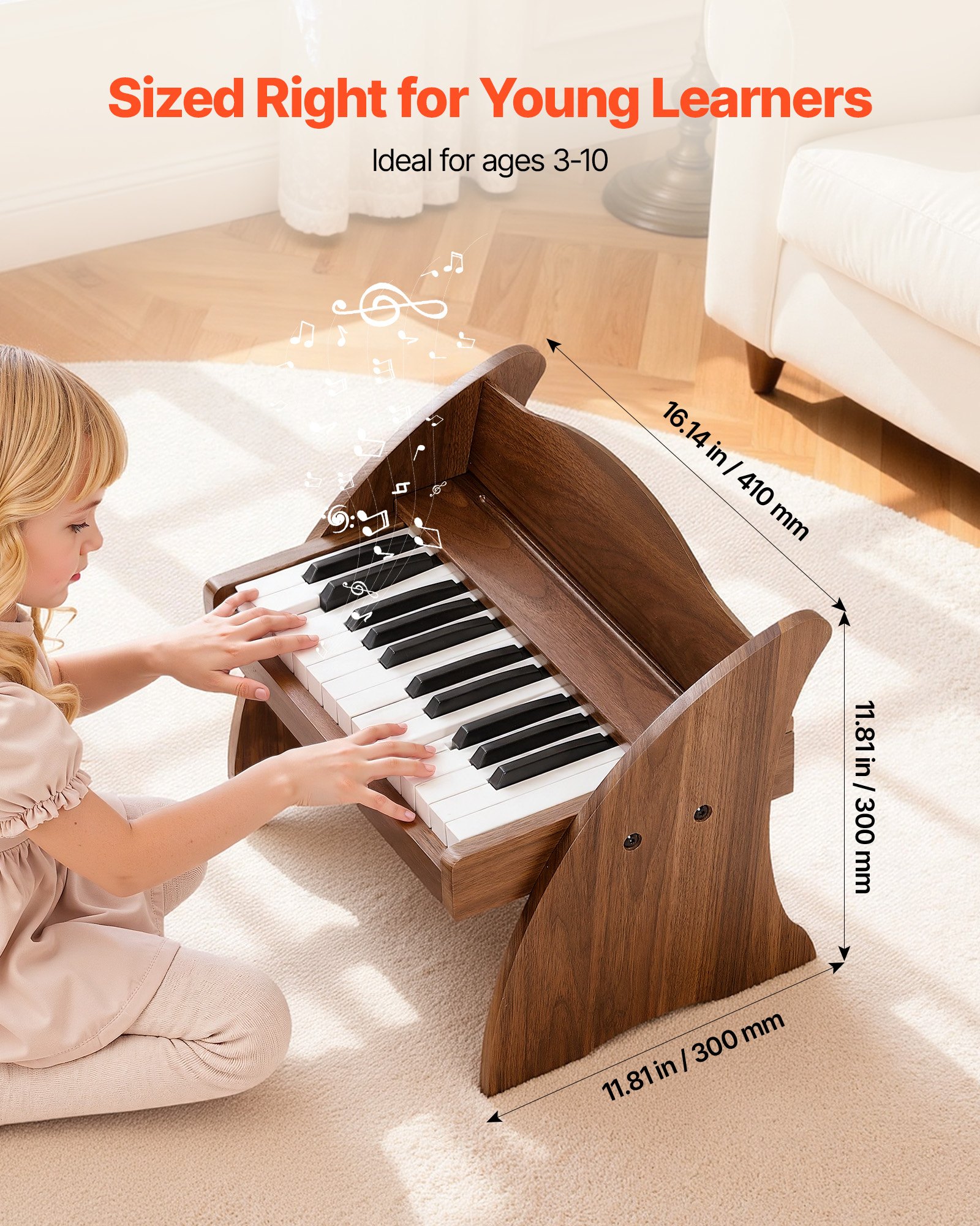VEVOR Kinder-Keyboard, 25 Tasten, E-Piano, Holzklavier für Kinder ab 3 Jahren, Musikispielzeug mit Realistischem Klang, Dual-Power, Einstellbare Lautstärke, Musikalische Früherziehung, Walnussholz