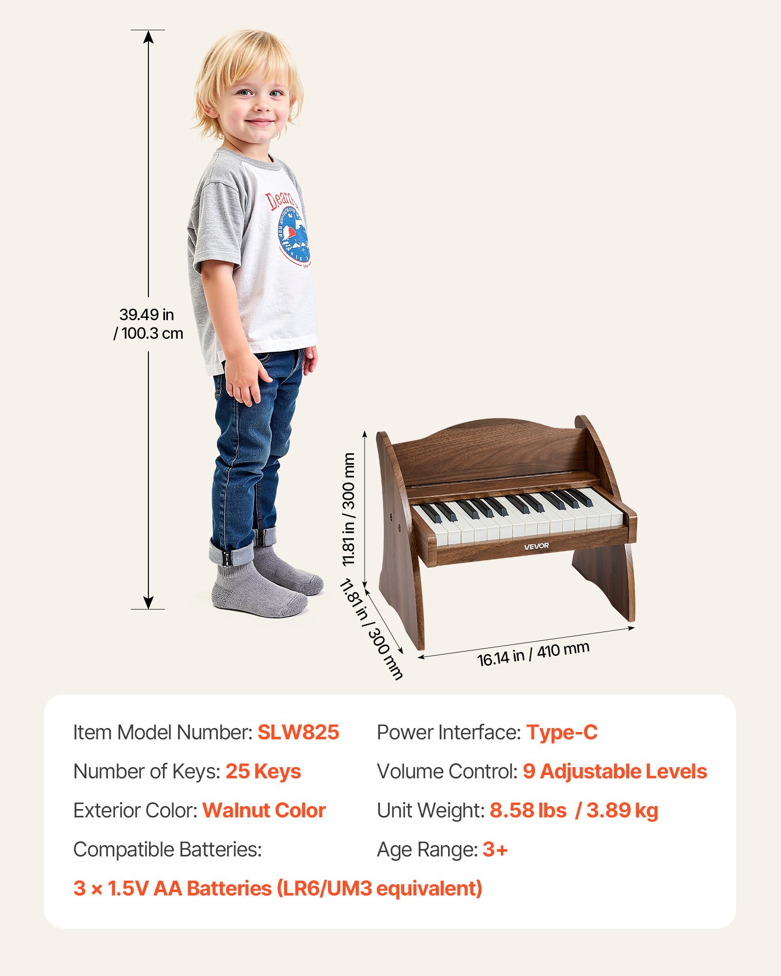 VEVOR Kinder-Keyboard, 25 Tasten, E-Piano, Holzklavier für Kinder ab 3 Jahren, Musikispielzeug mit Realistischem Klang, Dual-Power, Einstellbare Lautstärke, Musikalische Früherziehung, Walnussholz