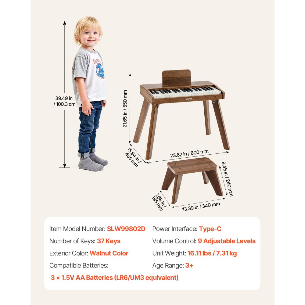 VEVOR Kids Piano Keyboard, 37 Key Wooden Digital Piano for Kids, Mini Music Educational Instrument Toy Set with Realistic Sound, Dual Power, Adjustable Volume for Toddlers, Boys Girls Learning,Walnut