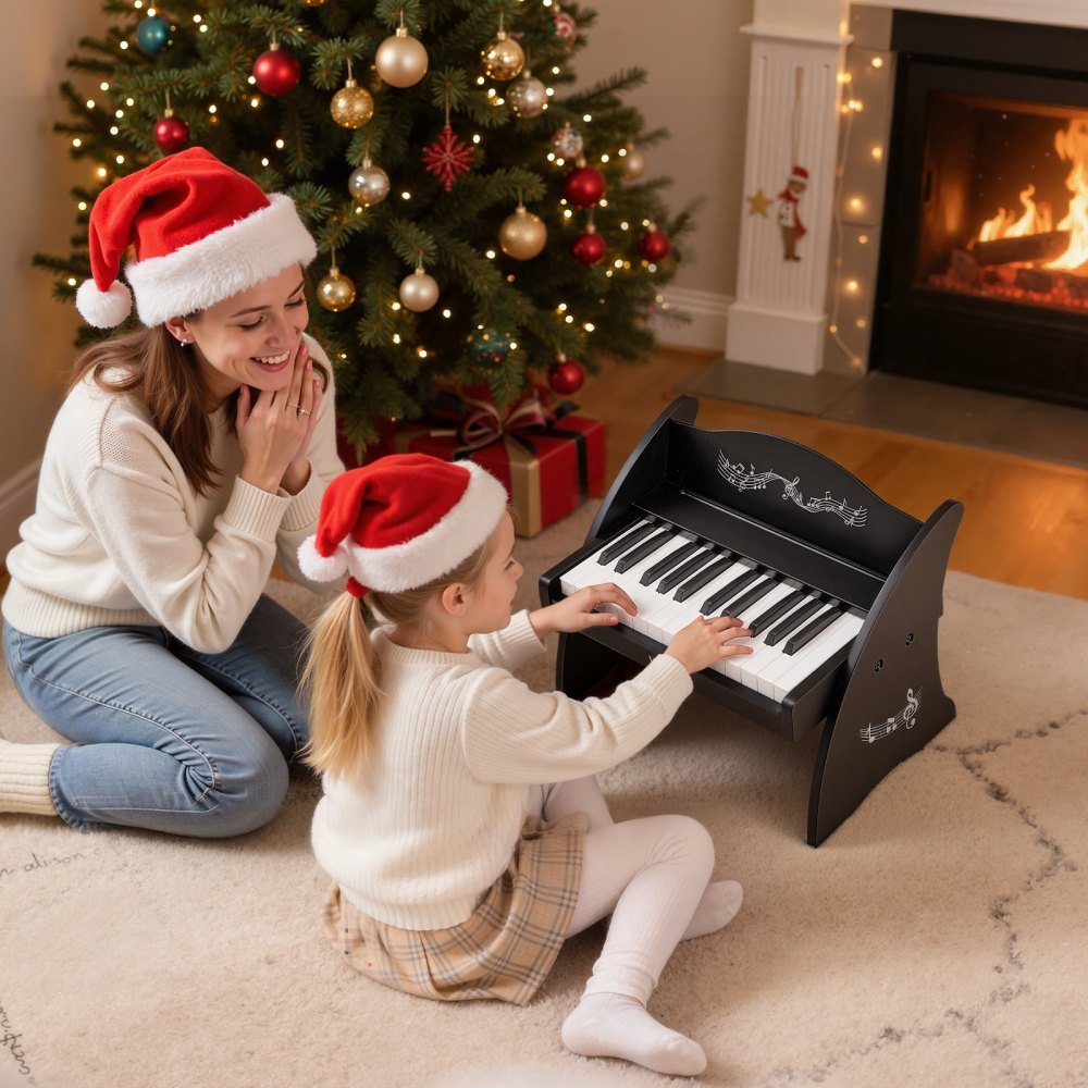 VEVOR Kinder Keyboard, 25 Tasten, Digitales Holzpiano, Holzklavier ab 3 Jahren, Mini-Musikinstrument mit Realistischem Klang, Dual-Power, Einstellbare Lautstärke, Musikalische Früherziehung, Schwarz