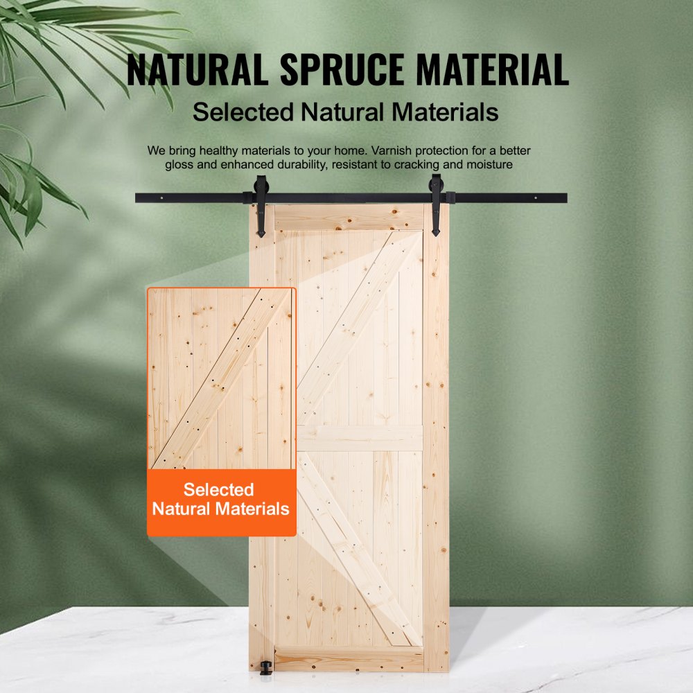 VEVOR Scheunentor und Hardware-Set, 91,4 x 213,4 cm Holz-Schiebetor, sanft und leise, Scheunentor-Set mit 8-in-1-Bodenführung und Türgriff, Fichtenholz-Platte